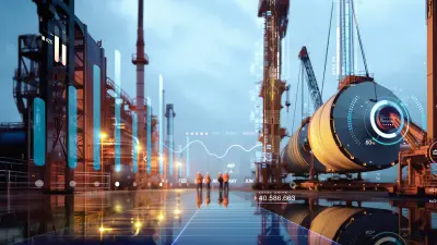 Workers walking through an industrial plant, seeing from afar, visualization of data collected by sensors and turned into digital twins via the cutting-edge technology by Bosch Digital Twin Industries, BDTI