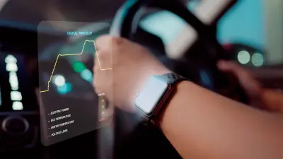 A hand wearing a smartwatch, visualization of how sensors enable machinery to appear as to be speaking, developed by Bosch Digital Twin Industries for large and small machinery, BDTI